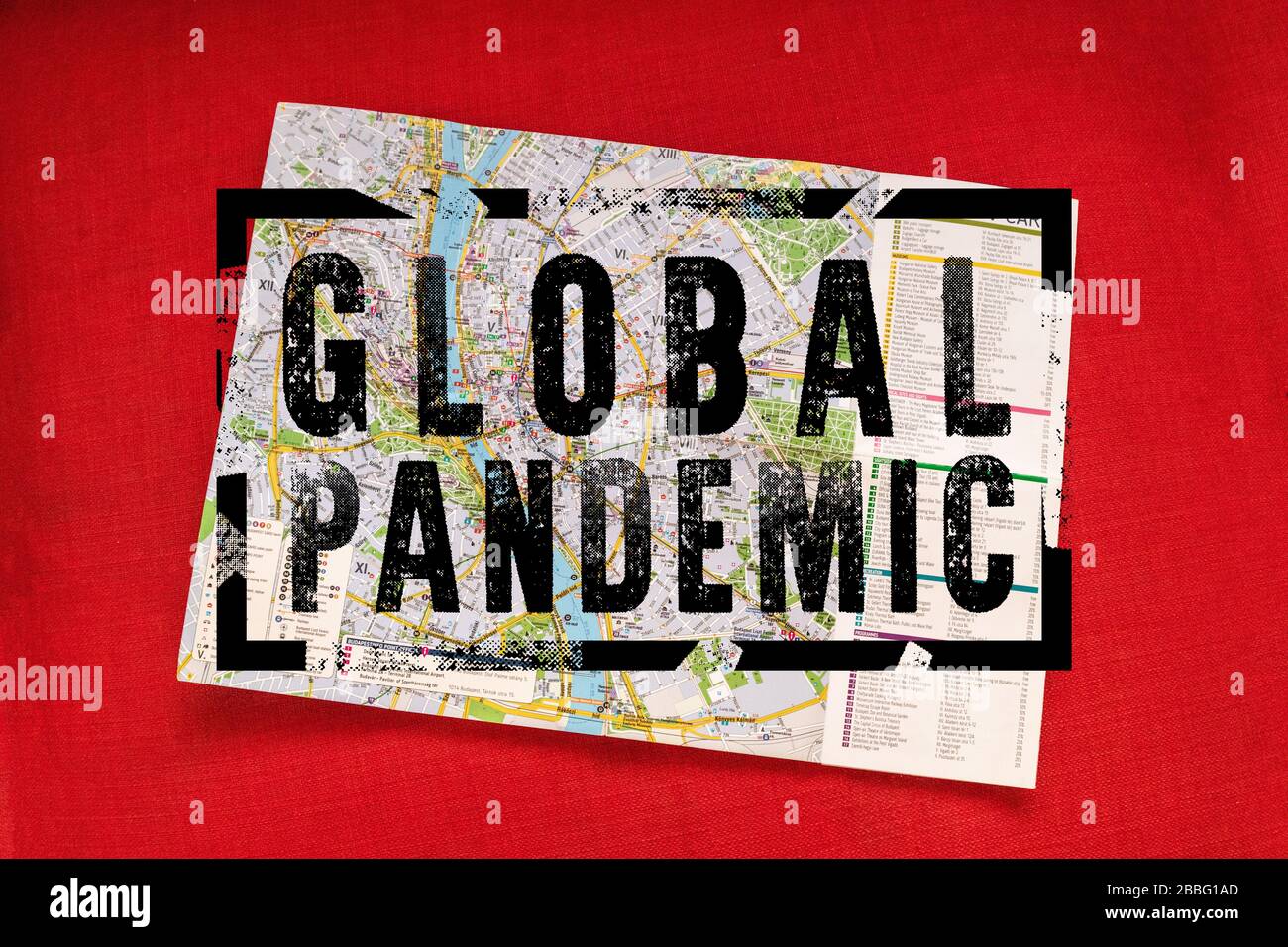 Coronavirus, covid 19 concept. Global pandemic text stamp on the map on a red background Stock Photo