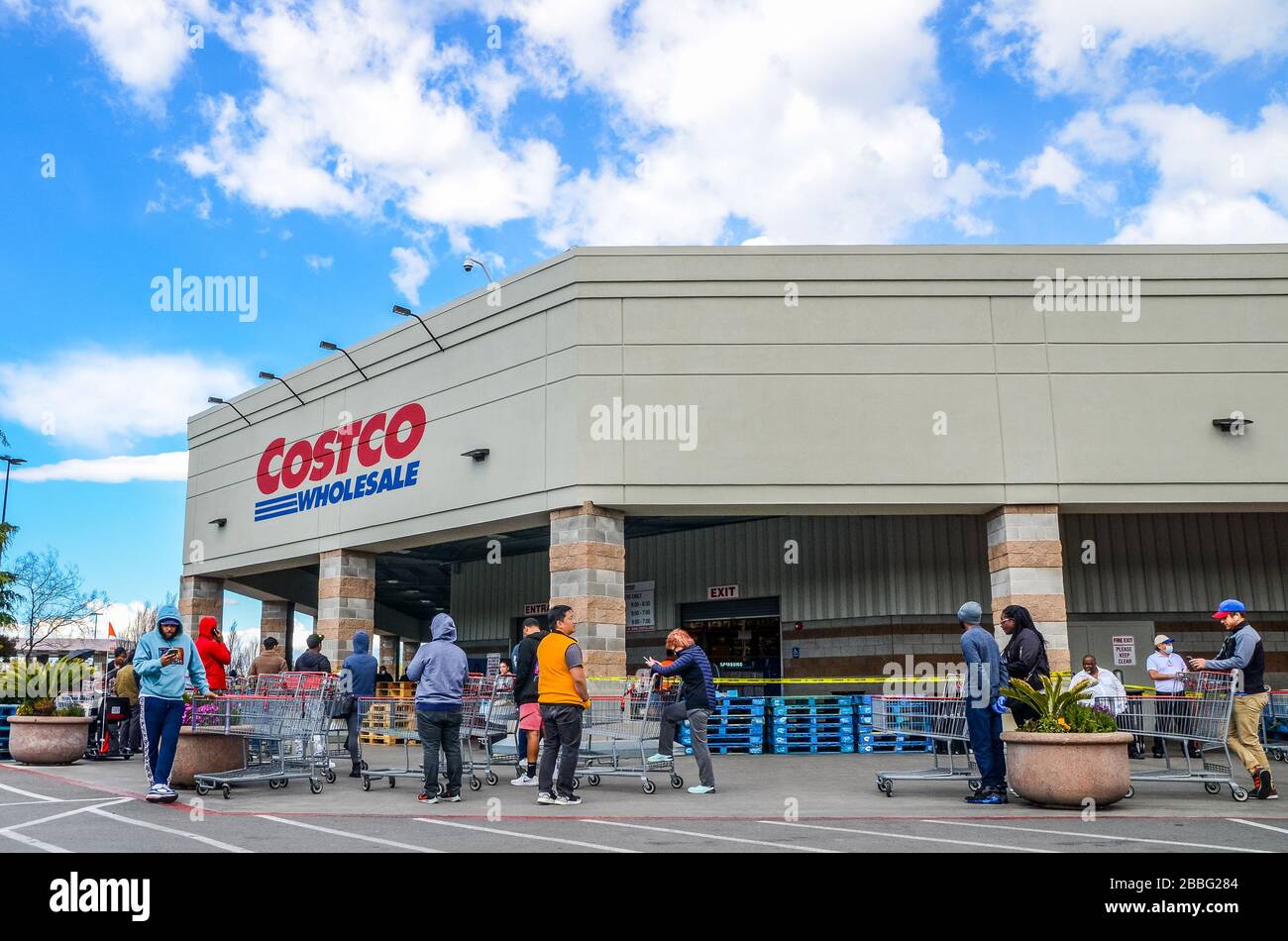 A Costco store in San Leandro California takes measures to deal with crowds of panicked shoppers Stock Photo