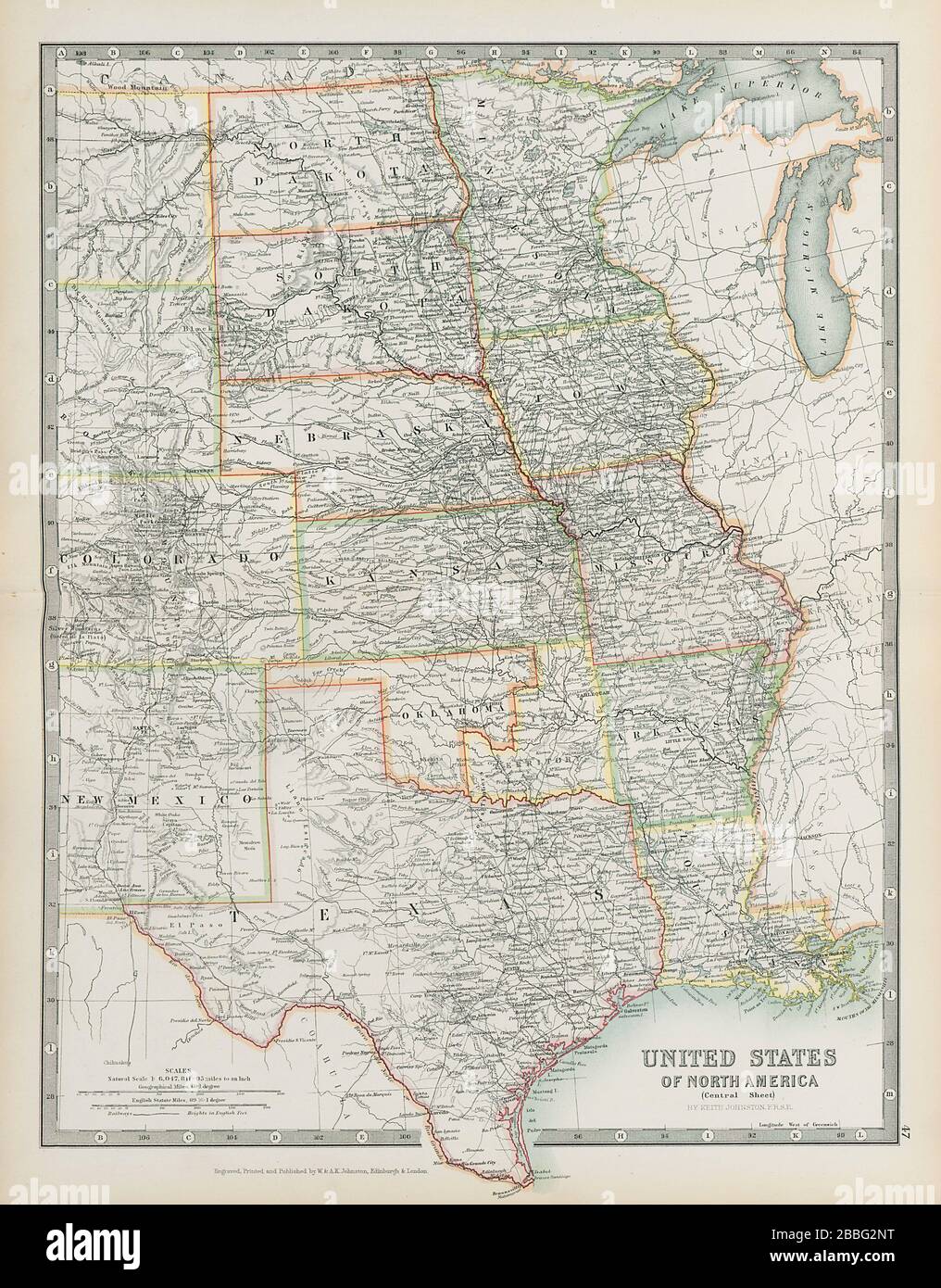 USA CENTRAL Shows 'Indian Territory' within Oklahoma Texas JOHNSTON 1901 map Stock Photo