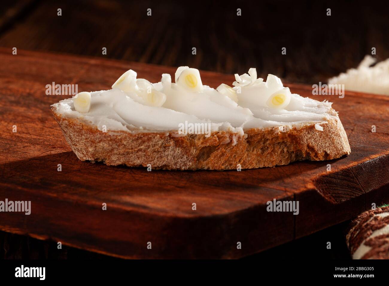 Lard, traditional delicacy made of pig fat. Sandwich made of crispy bread and homemade lard