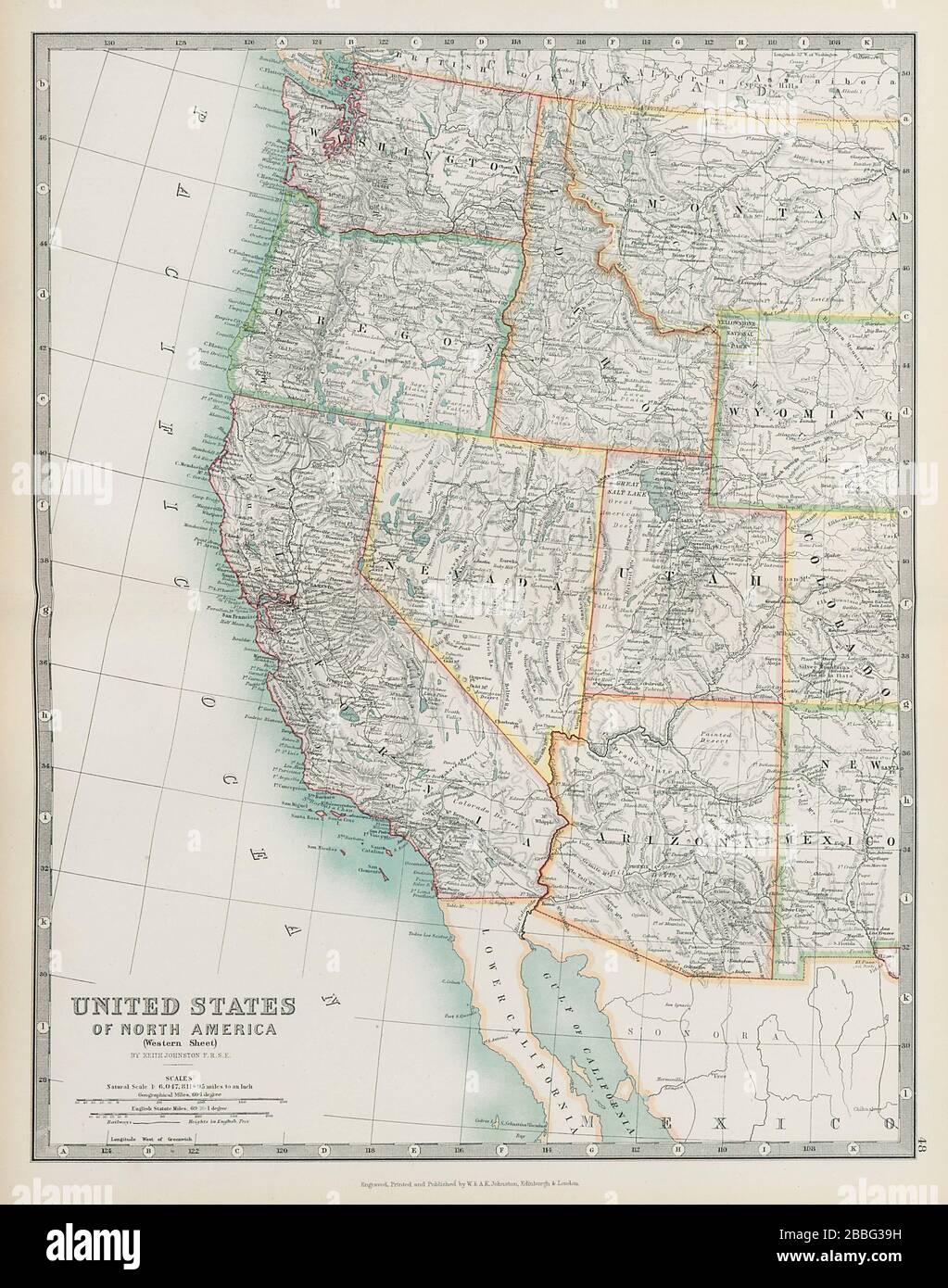 USA WEST Pacific/Mountain states California OR WA NV ID AZ UT JOHNSTON 1901 map Stock Photo