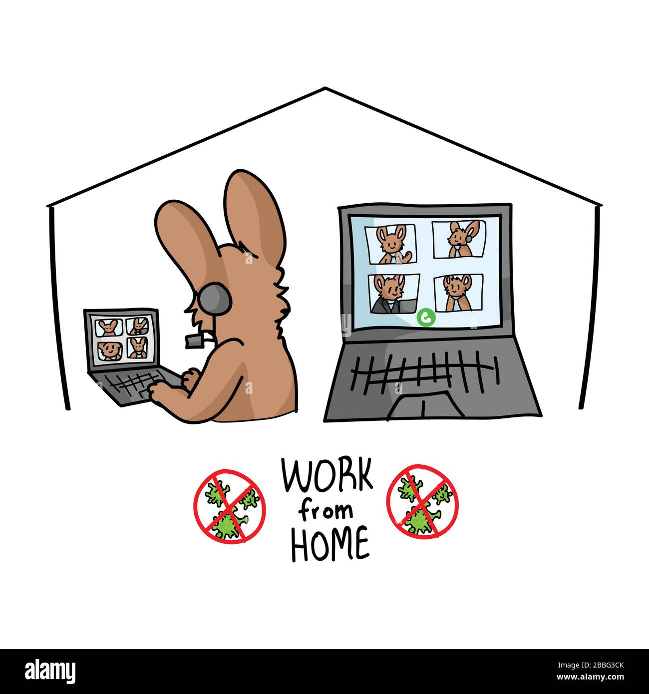 Sars cov 2 crisis work from home confrencing call poster. Cute bunny on video covid 19 infographic for kids. Social media support clipart. Responsibly Stock Vector
