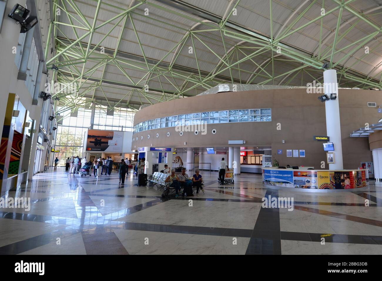 Interior view of Victoria Falls Airport new passengers terminal inaugurated in 2016. Airport facilities in touristic area of Zimbabwe. Stock Photo