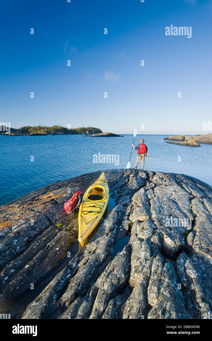 kayaking, Pukaskwa National Park, Lake Superior, Ontario, Canada Stock Photo