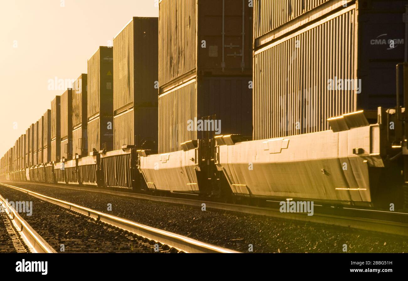 shipping containers on rail cars , near Winnipeg, Manitoba, Canada