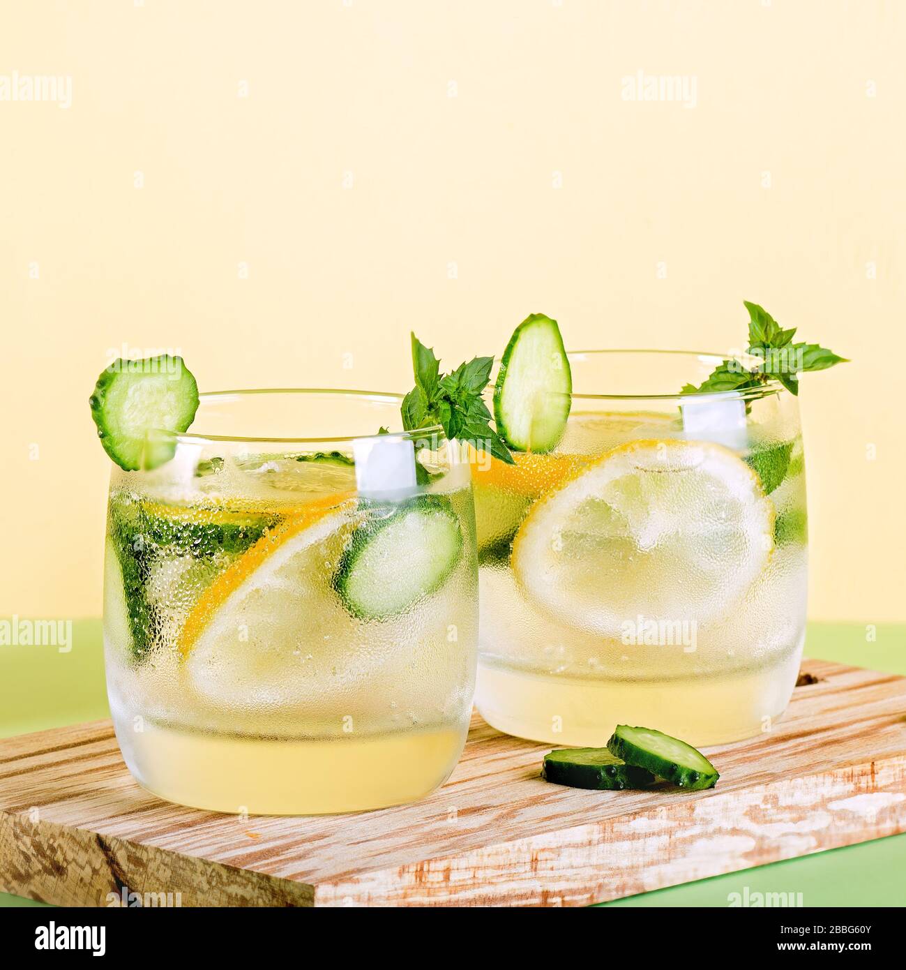 Summer refreshing non alcoholic cocktails with lemon, cucumber and mint, closeup Stock Photo