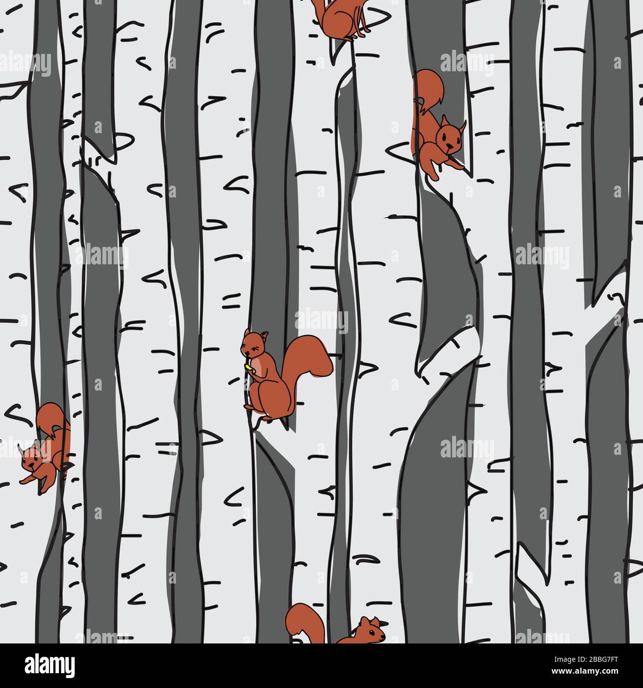 Squirrels in Birch trees seamless pattern on blue background. Seamless, repeat vector illustration surface pattern design Stock Vector