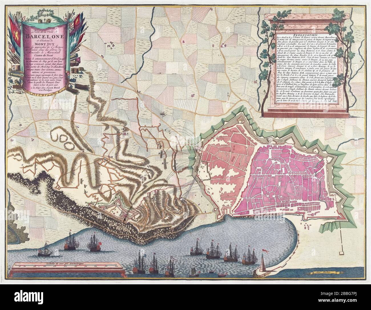 Map of the Siege of Barcelona in April 1706 during the War of the Spanish Succession.  It shows fortifications of the city and of Montjuïc and the approach of the Spanish-Franco army which ultimately failed to retake the city from the English-led allied army.  Print by Pieter van Call after a work by Alexander Forbes. Stock Photo