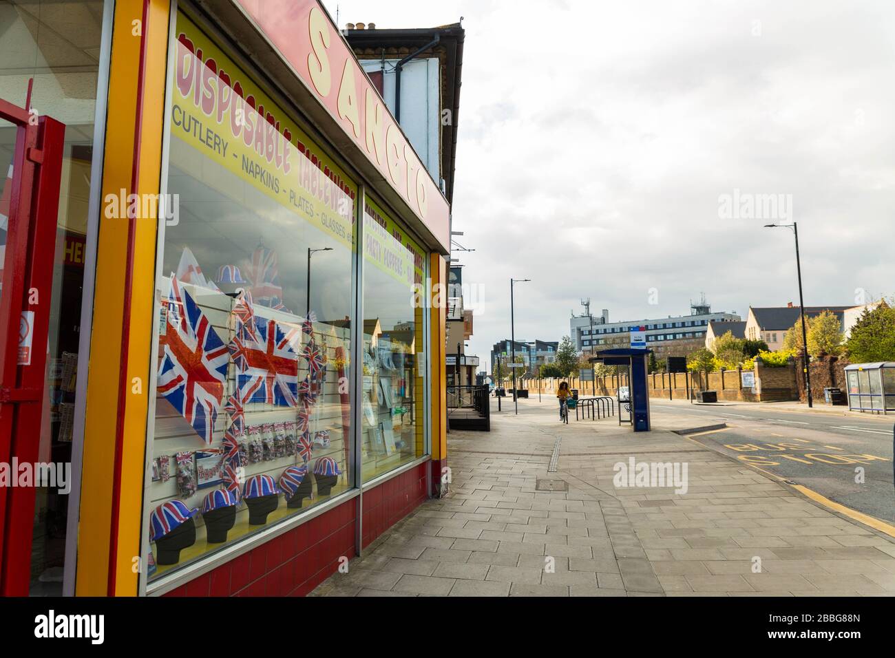 Southend-on-Sea, UK. 31st Mar, 2020. Union flags in a closed fancy dress shop on a road leading into Southend town center. Penelope Barritt/Alamy Live News Stock Photo