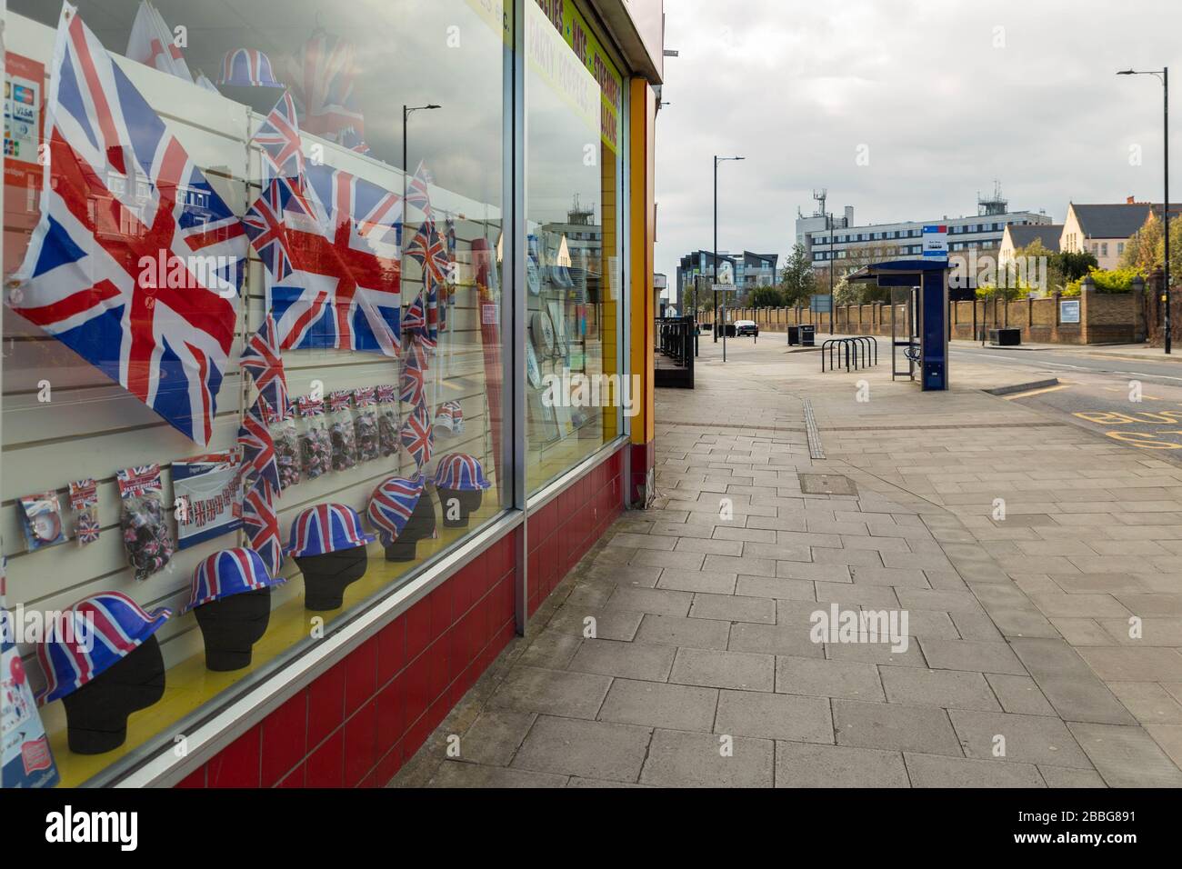 Southend-on-Sea, UK. 31st Mar, 2020. Union flags in a closed fancy dress shop on a road leading into Southend town center. Penelope Barritt/Alamy Live News Stock Photo