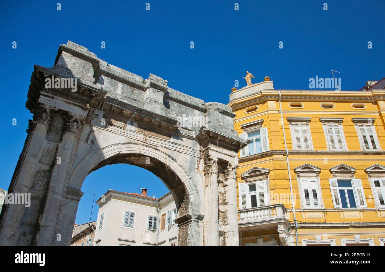Roman Arch Gate, Pula, Istria, Croatia, Europe Stock Photo