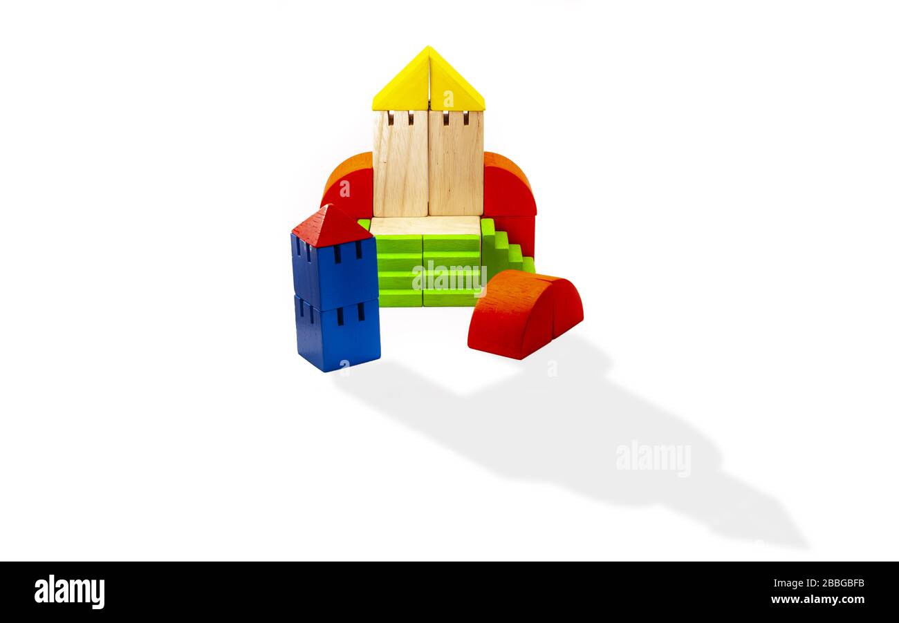 construction with wooden toys in white Background Stock Photo - Alamy
