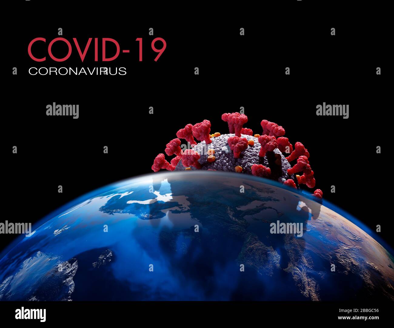 Coronavirus casting shadow over the World. Conceptual 3D illustration of the virus particle behind the planet Earth with COVID-19 title. Global viral Stock Photo