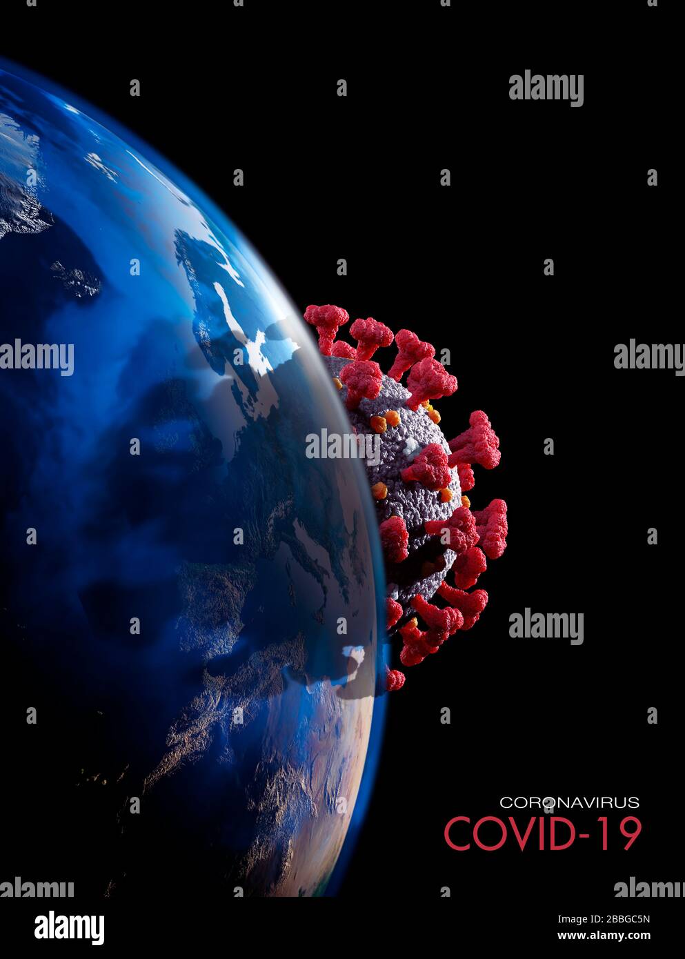 Coronavirus COVID-19 overshadowing the Earth globe. Viral epidemic conceptual 3D illustration. Spreading virus, virus particle, global epidemic and pa Stock Photo