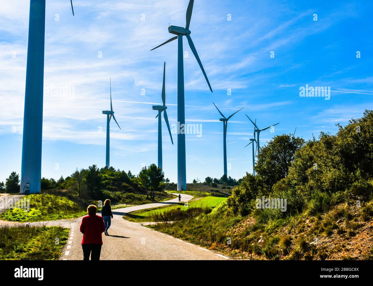 Windmills for the production of electric energy. Wind farm of renewable, alternative and sustainable energy, province of Barcelona Stock Photo