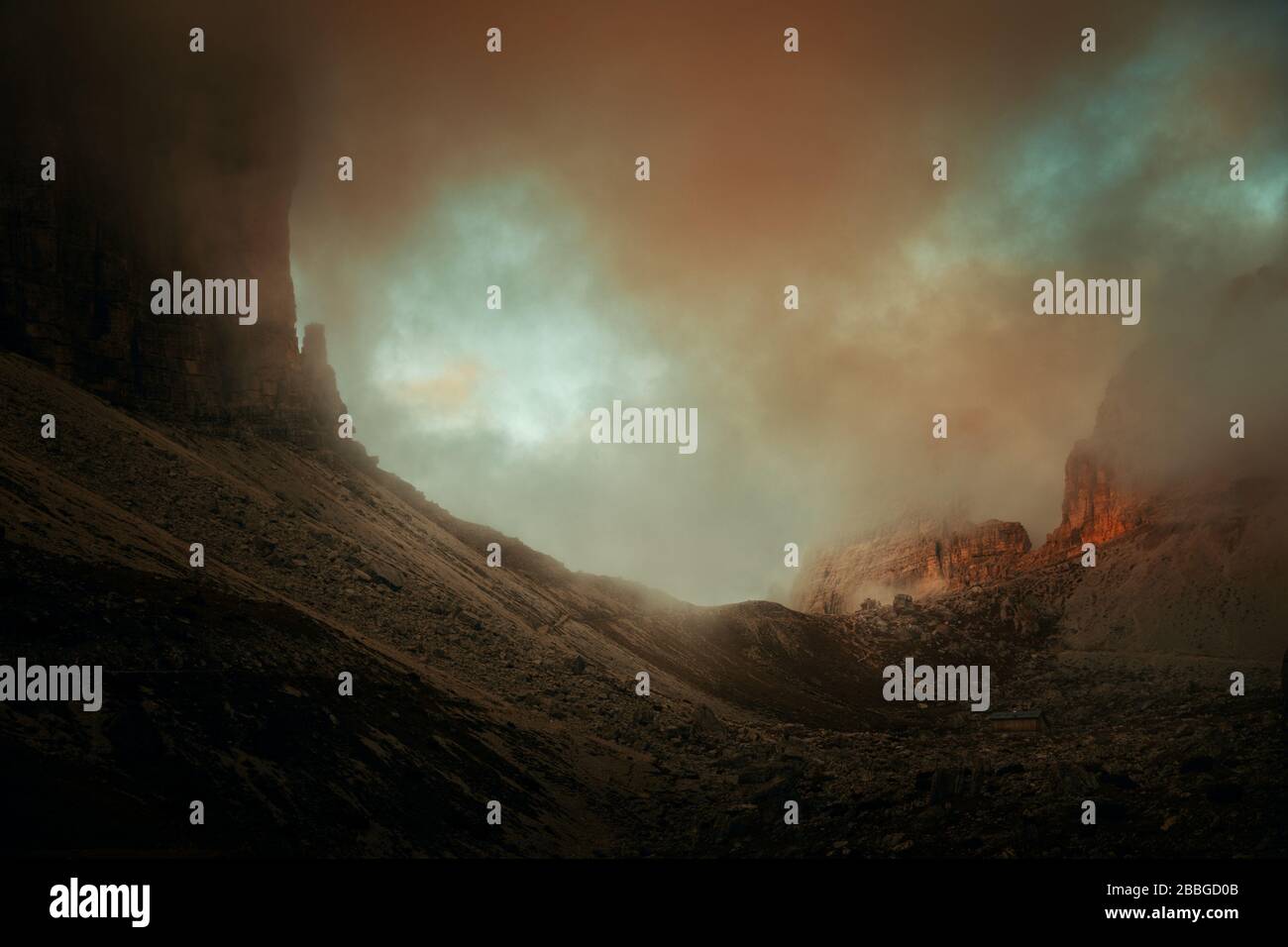 Dolomites natural landcape in fog in North Italy Stock Photo - Alamy