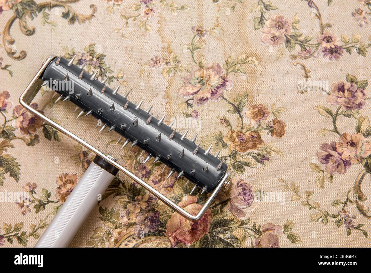 Removing old water damaged retro style wallpaper with rolling spike scoring tool. After punching holes the removing liquid can absorb wallpaper for be Stock Photo