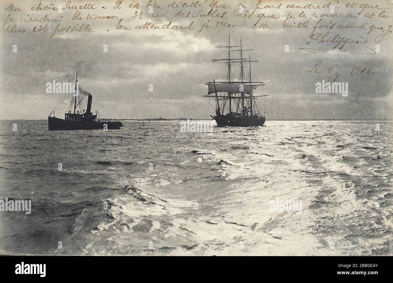 Postcard from a seascape with sailship and steam engine vessel at sea from 1904, from the Belgian Nels printers in Bruxelles, Serie Delft No 17 Stock Photo
