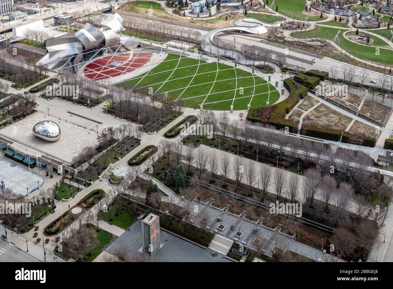 Aerial view of an empty Millennium Park during the coronavirus quarantine Stock Photo