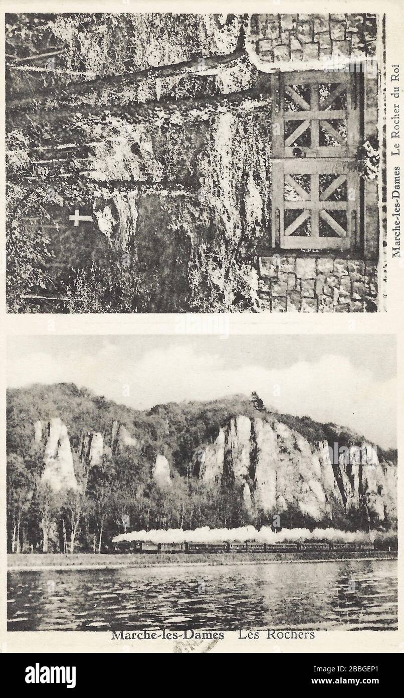 Vintage Belgian postcard from 1950 showing Marche-Les-Dammes along the Meuse river, wih the 'Les Rochers cliffs and 'Le Rocher du Roi' Stock Photo