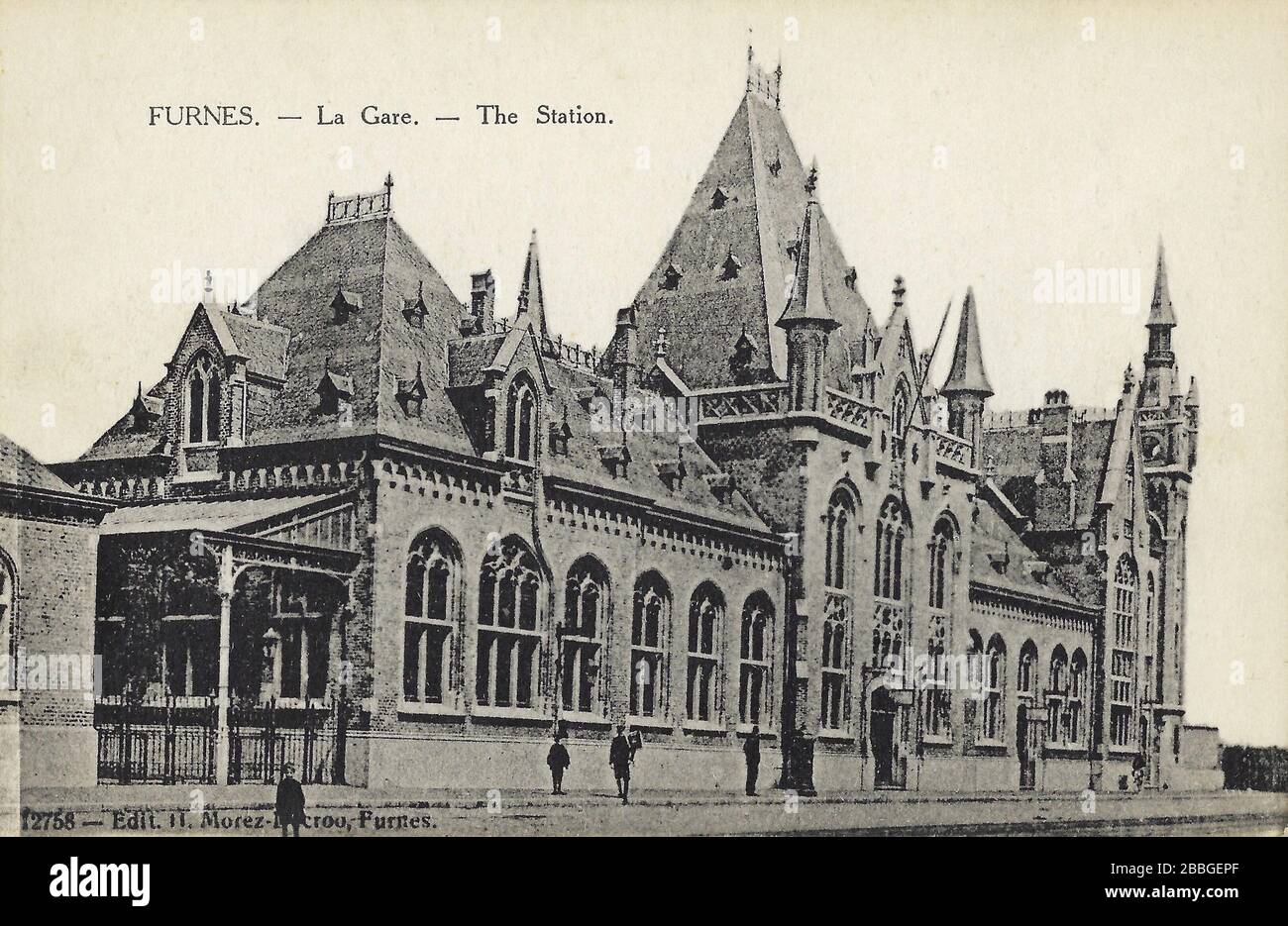 Vintage postcard showing the railway station La Gare of Veurne (Furnes in French) in the early 20th century, Veurne is a city in northwestern Belgium, Stock Photo