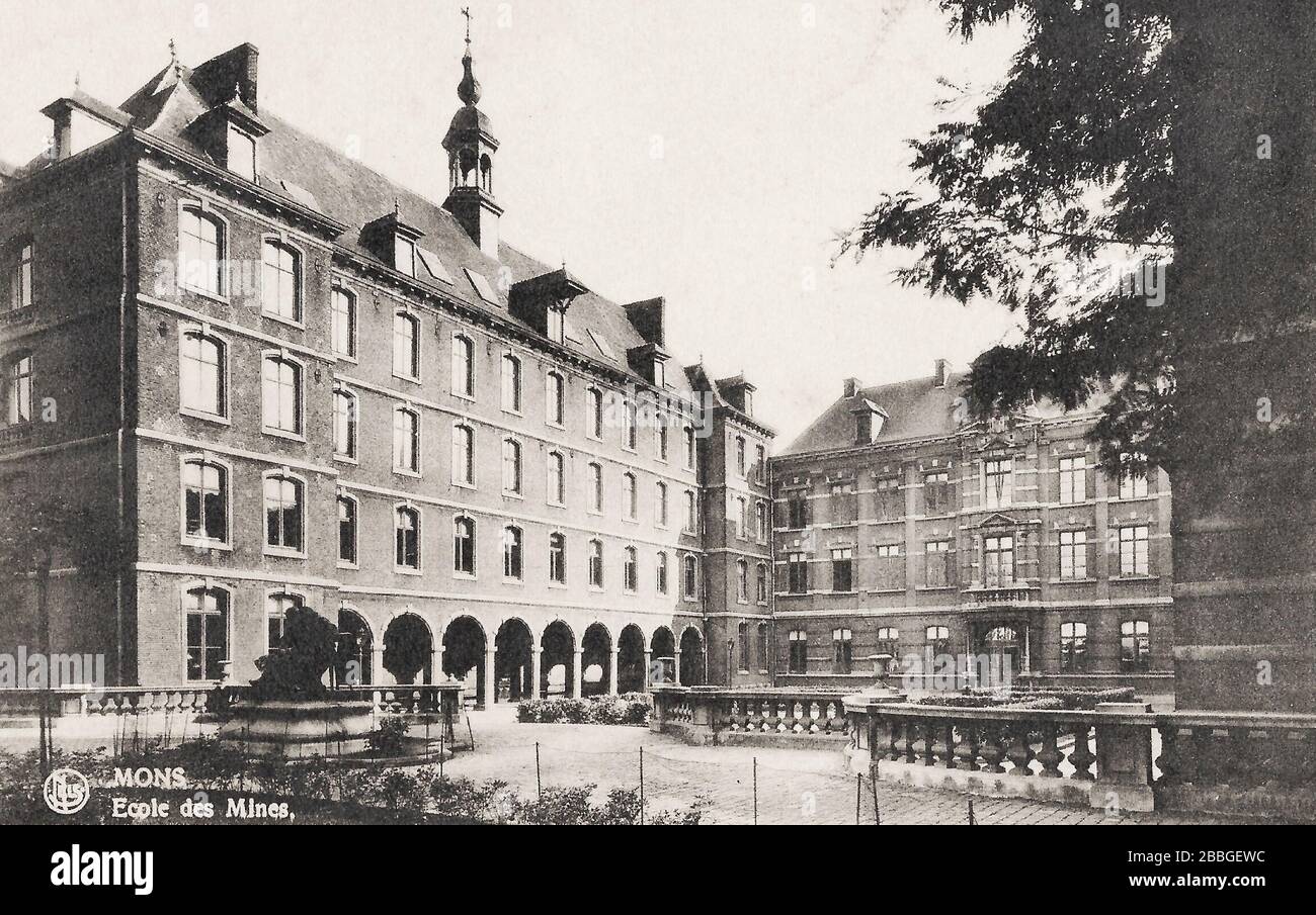 Postcard from 1937 of the École des mines du Hainaut mining school at Mons (Bergen) , Belgium Stock Photo