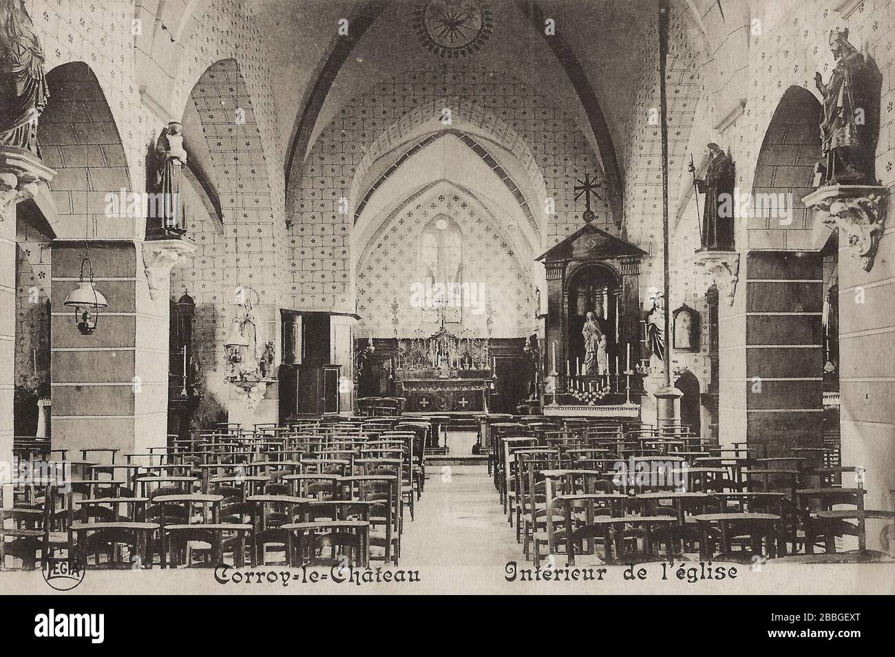 Postcard from around 1900-1920 showing the interior of the church of Corroy-le-Château, near Gembloux, in the province of Namur, Belgium. Stock Photo