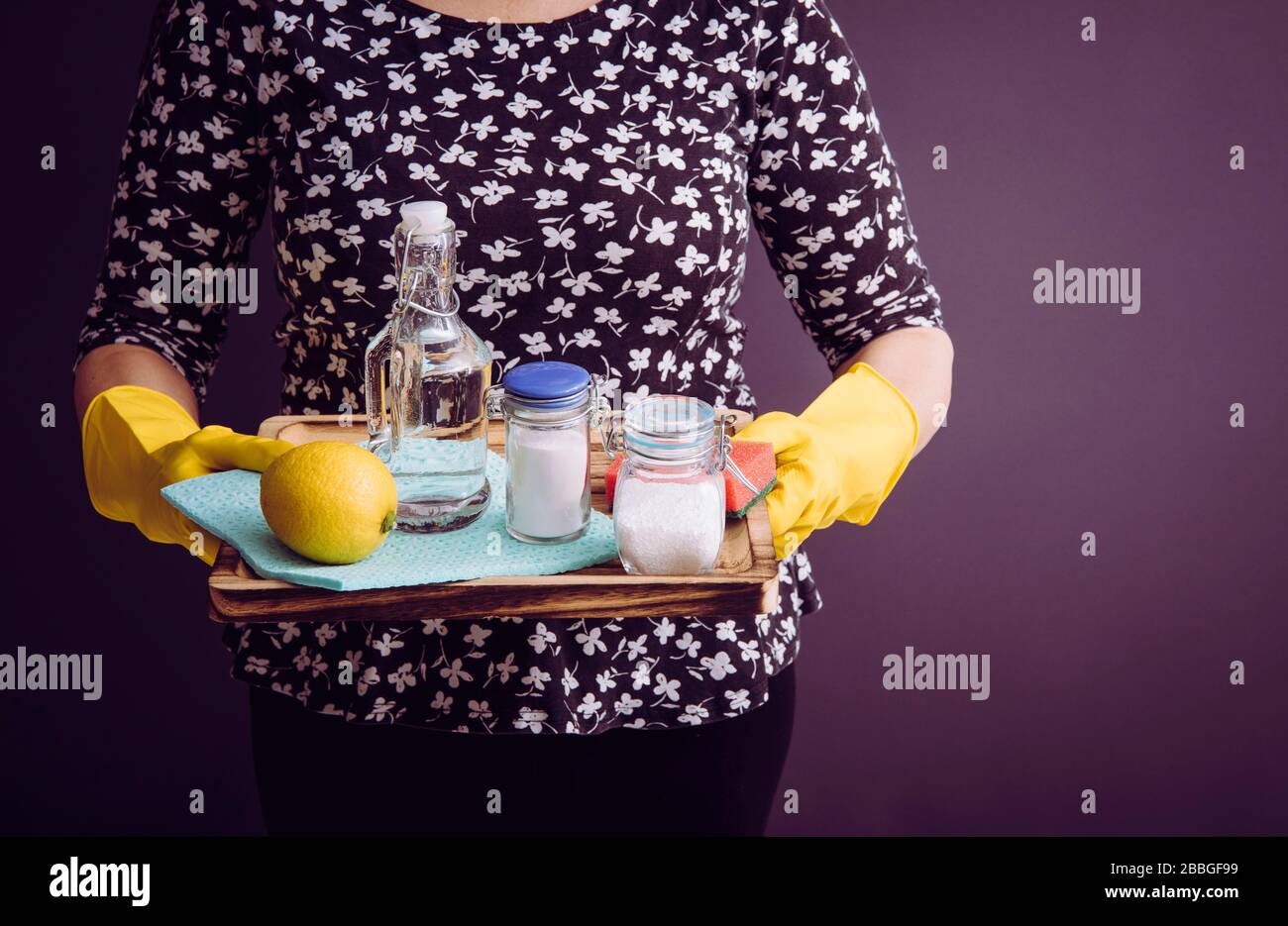 Natural cleaners concept. Woman holding eco friendly home cleaning ingredients, white vinegar, lemon, baking soda, citric acid concept. Stock Photo