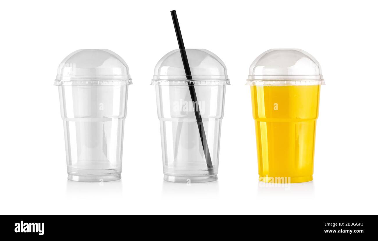 Plastic transparent disposable cup with straw for cocktai, with clipping path Stock Photo