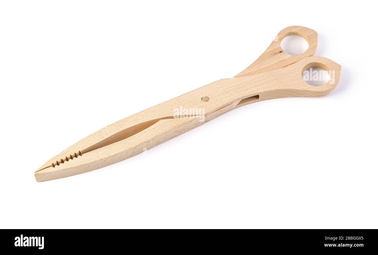 Wooden serving tongs isolated on white background Stock Photo Alamy