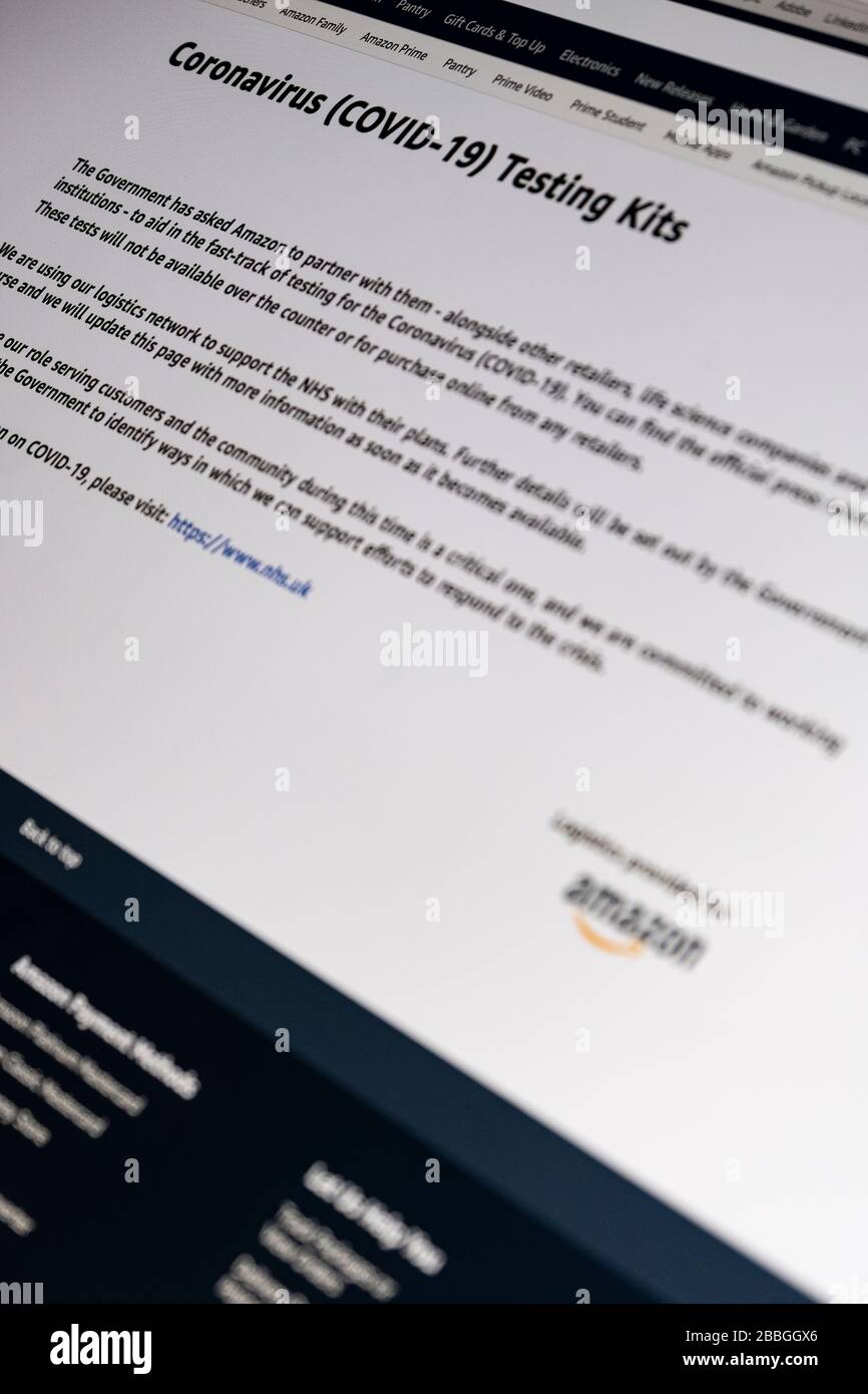Amazon Coronavirus Covid 19 Testing Kit Notice on Computer Screen Stock Photo