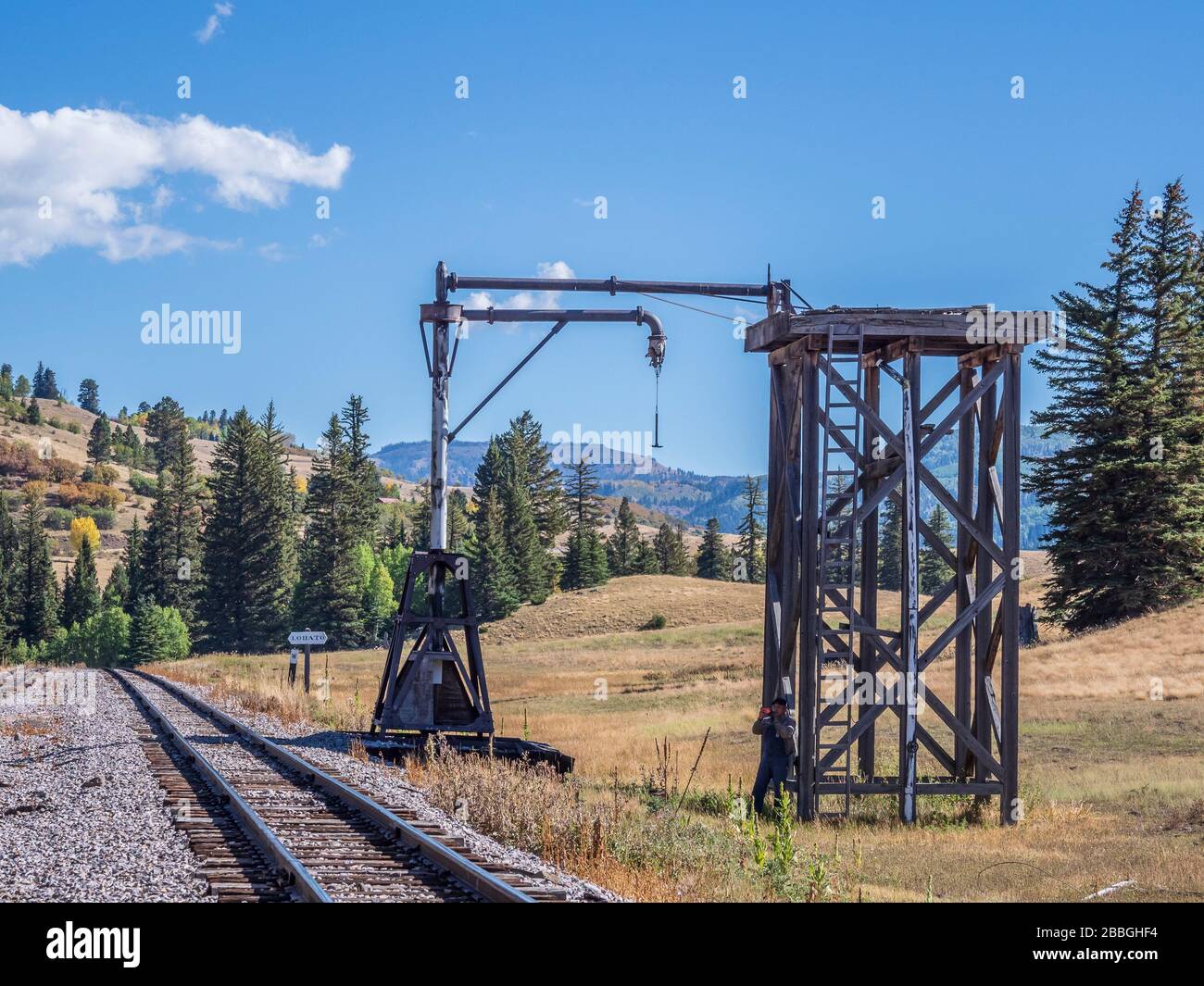 Fake, movie-prop water tower near Lobato, Cumbres & Toltec Scenic Railroad between Chama, New Mexico, and Antonito, Colorado. Stock Photo