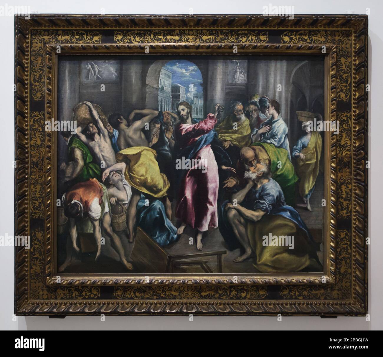 Painting 'Christ driving the Traders from the Temple' by Spanish mannerist painter El Greco (1600) on display at his retrospective exhibition in the Grand Palais in Paris, France. The first major exhibition in France ever to be dedicated to El Greco runs till 20 February 2020. Stock Photo