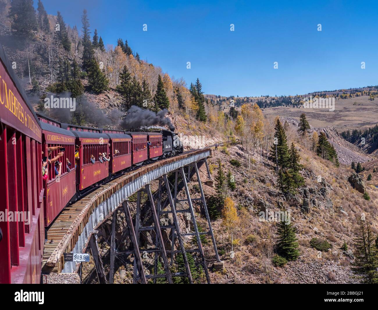 Train crosses Cascade Trestle, Cumbres & Toltec Scenic Railroad between