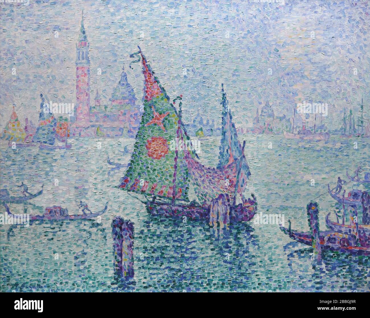 Painting 'The Green Sail' ('La Voile verte') by French Neo-Impressionist painter Paul Signac (1899) on display in the Musée d'Orsay in Paris, France. Stock Photo