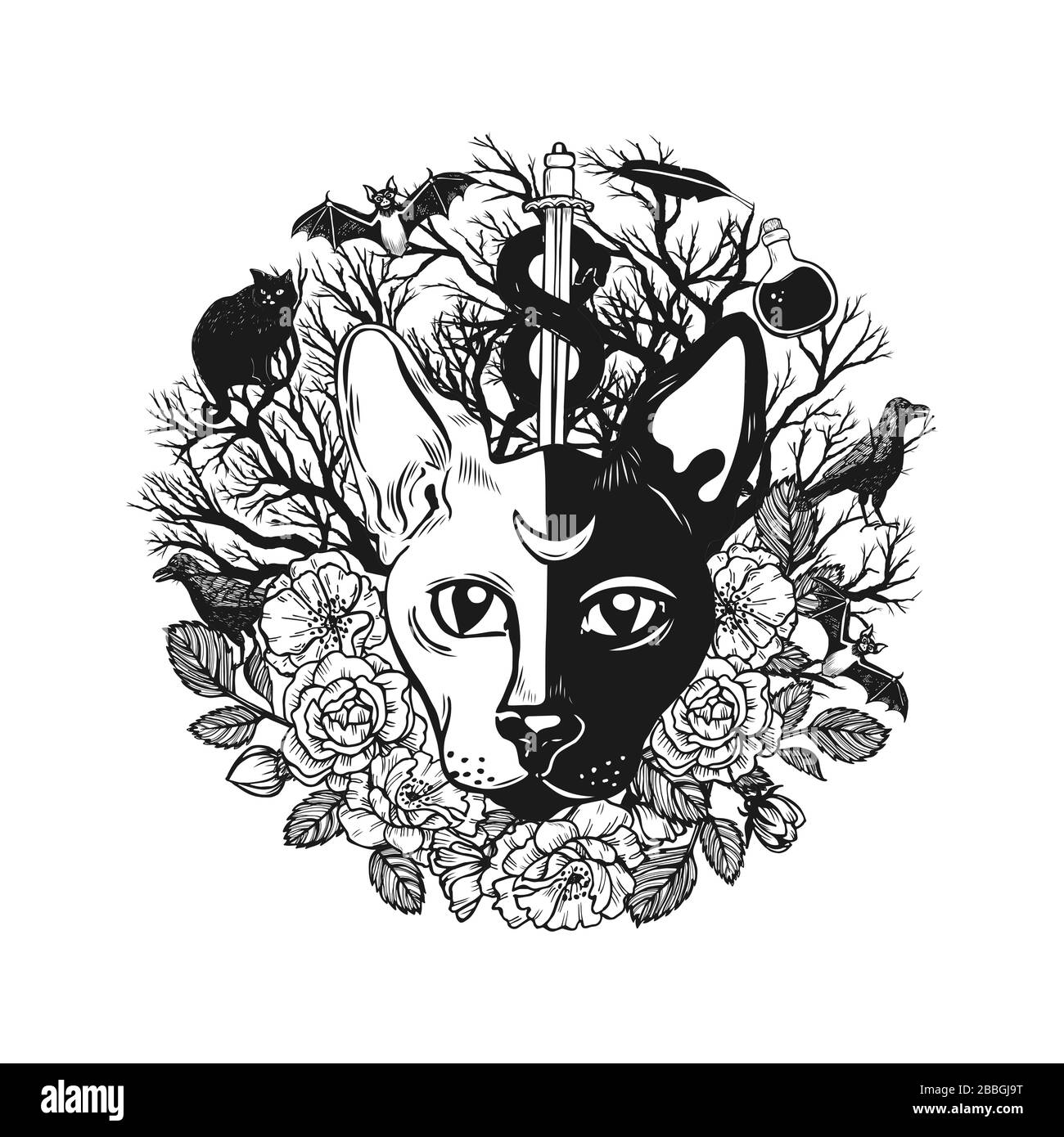 Magic cat head with witchcraft symbolic on white background. Stock Vector