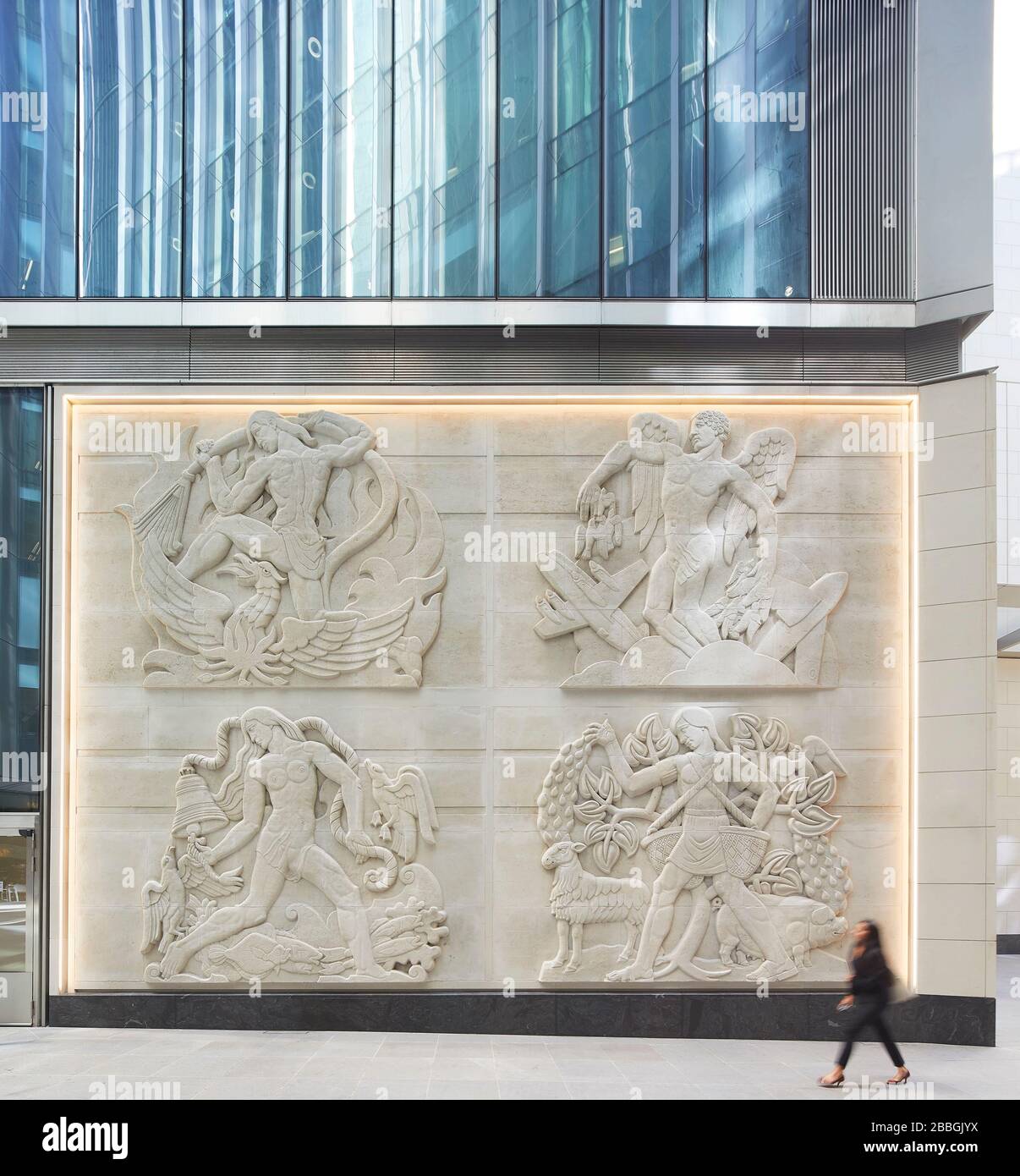Historic stone relief panels of exterior facade. 52 Lime Street - The Scalpel, London, United Kingdom. Architect: Kohn Pedersen Fox Associates (KPF), Stock Photo