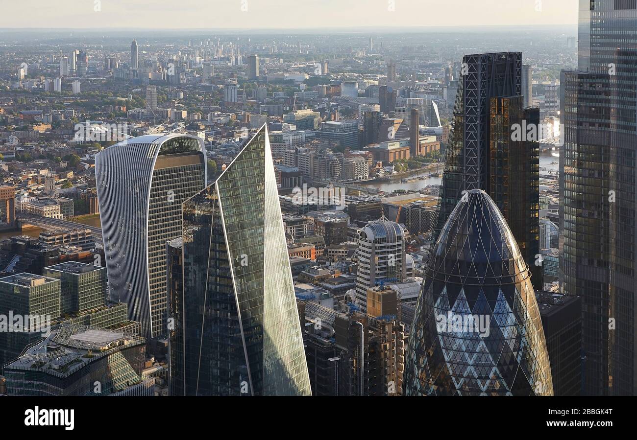 Office towers from above. 52 Lime Street - The Scalpel, London, United Kingdom. Architect: Kohn Pedersen Fox Associates (KPF), 2018. Stock Photo