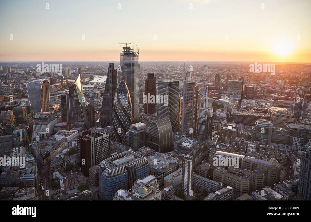 City of London at sunset. 52 Lime Street - The Scalpel, London, United Kingdom. Architect: Kohn Pedersen Fox Associates (KPF), 2018. Stock Photo