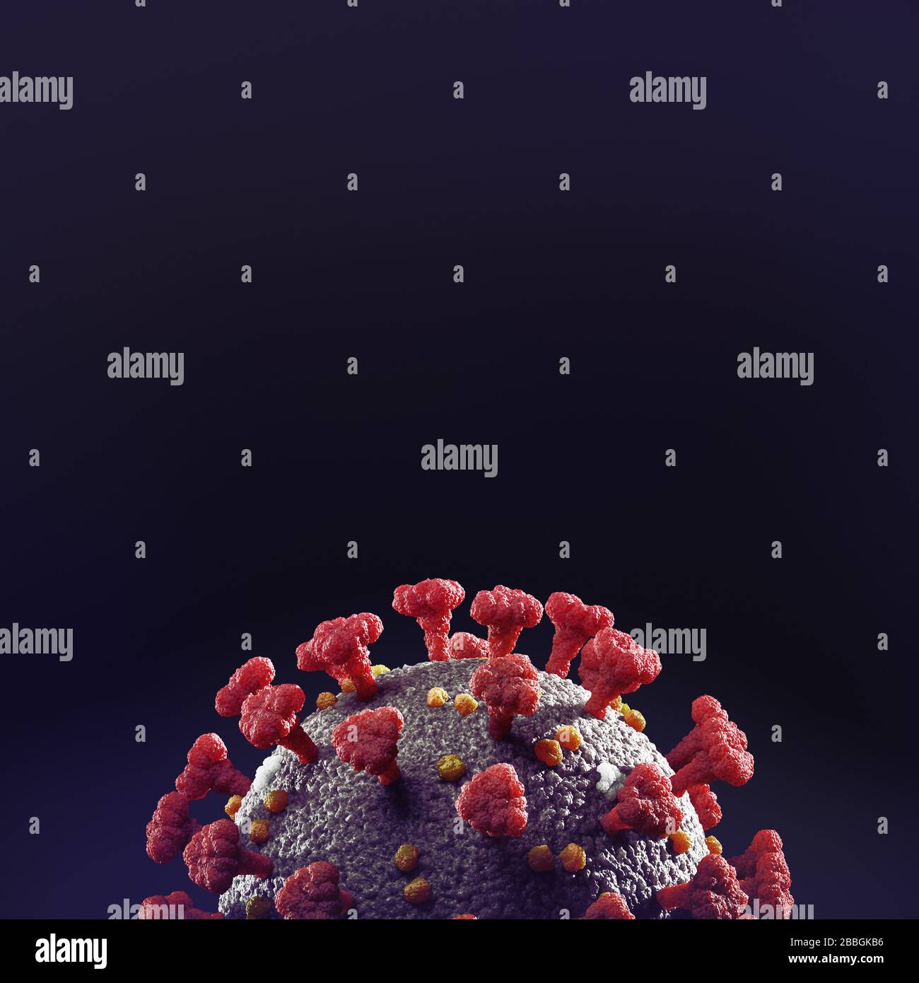 Coronavirus, COVID-19, SARS-CoV-2 Corona virus particle closeup. Scientific medical 3D illustration in red color isolated on black background with cop Stock Photo