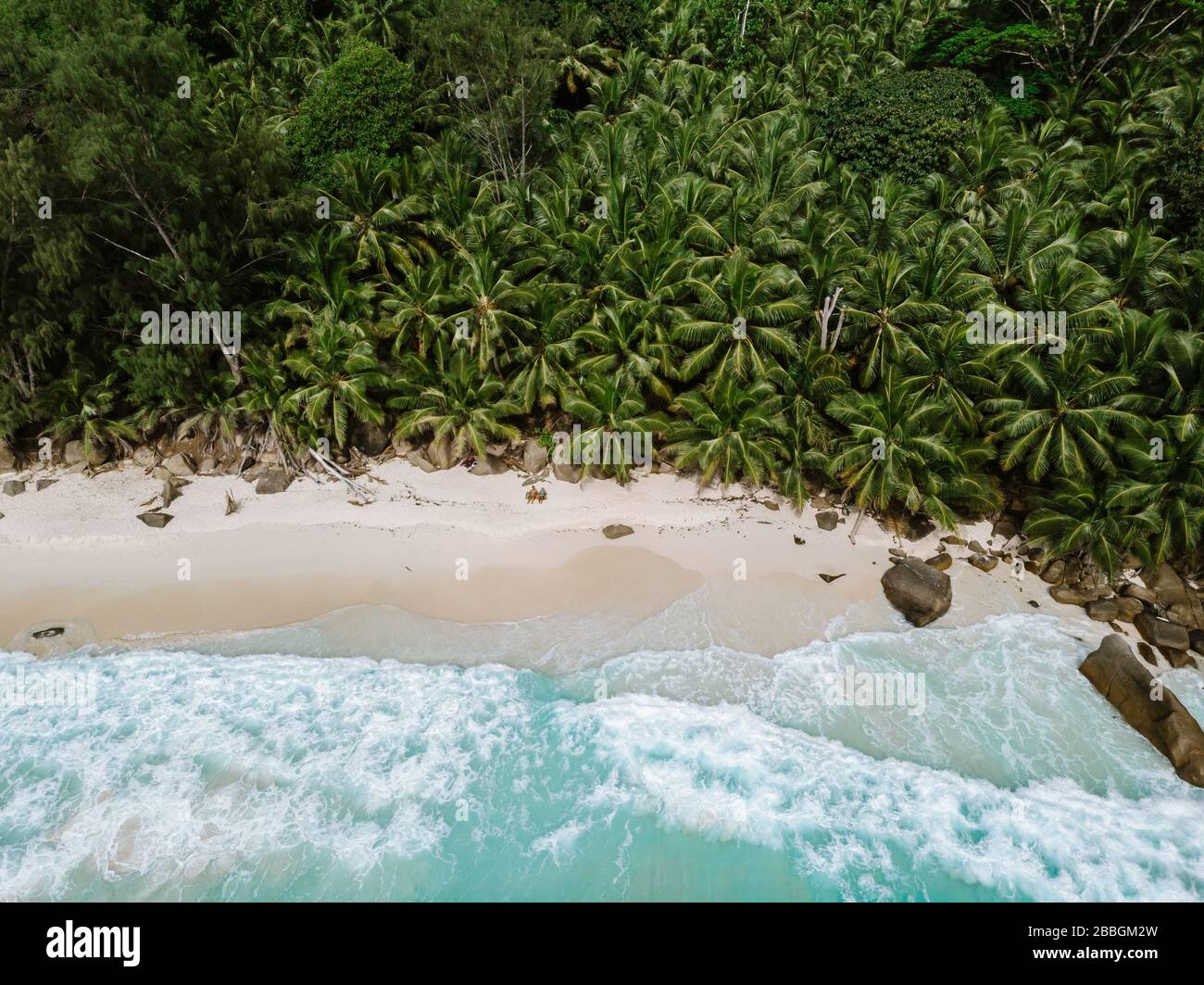 Seychelles Tropical Island Praslin with white beach and tropical palm trees, Drone aerial view over Seychelles Stock Photo