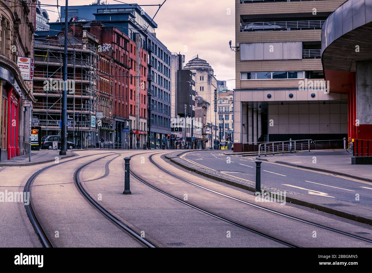 Tram lines outside Arndale Centre, Manchester, United Kingdom. Empty streets during Coronavirus outbreak, March 2020. Stock Photo