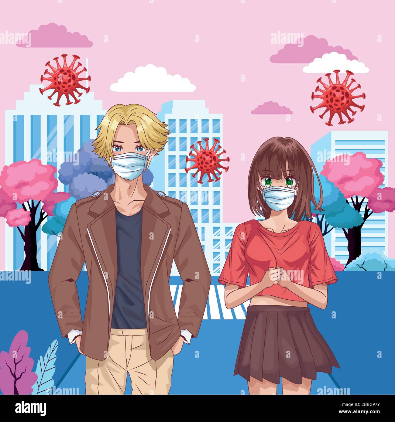 couple with face masks and covid19 particles on the city Stock Vector ...