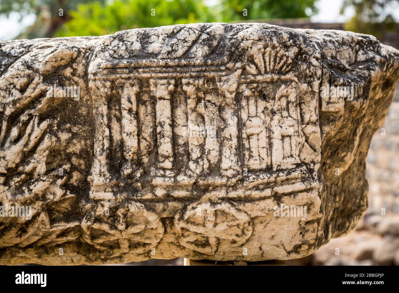 A stone relief carving of the Ark of the Covenant at the Biblical site of Capernaum, Galilee, Israel, Middle East. Stock Photo