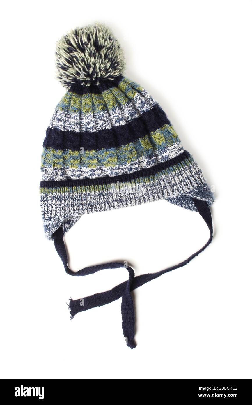 Children's knitted wool hat with pompon on a white background Stock Photo
