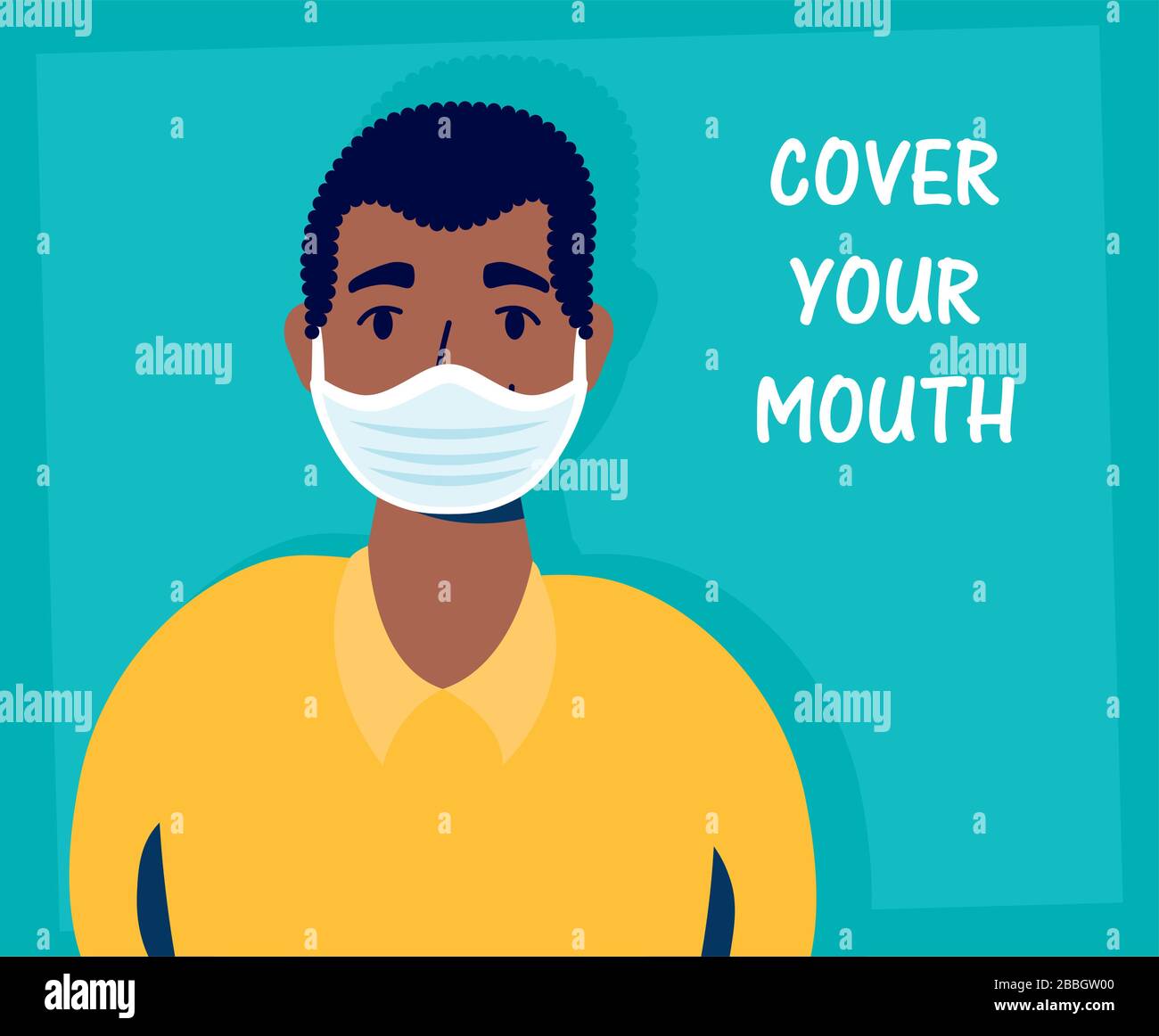 afro man using face mask with cover your mouth lettering Stock Vector ...