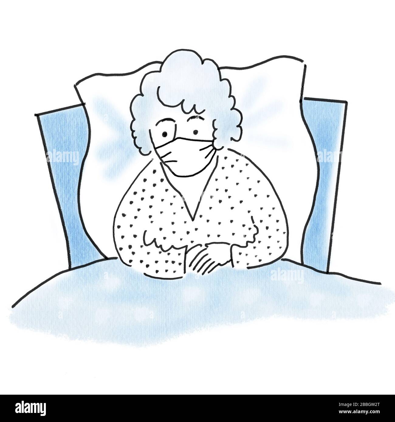 Old sick woman with a mask in bed, health concept, old age concept, handmade watercolor illustration, self isolation and quarantine from coronovirus c Stock Photo