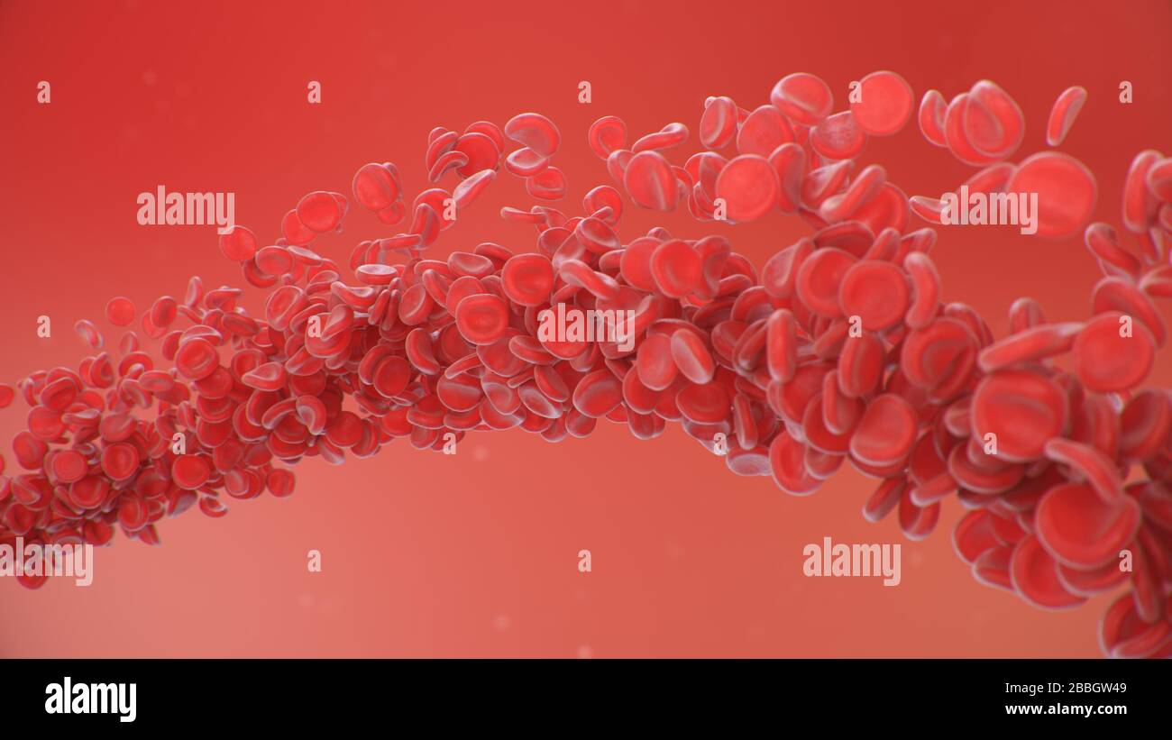 Red blood cells on a red background. Flow of blood in a living organism. Scientific and medical concept. Transfer of important elements in the blood Stock Photo