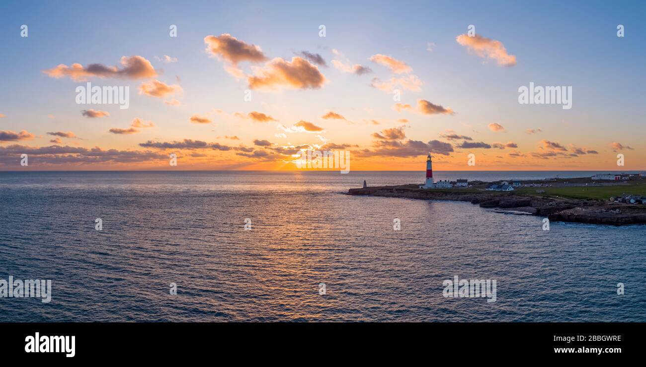 UK, England, Dorset, Portland Bill, Portland Bill Lighthouse, Sunset (Drone) Stock Photo