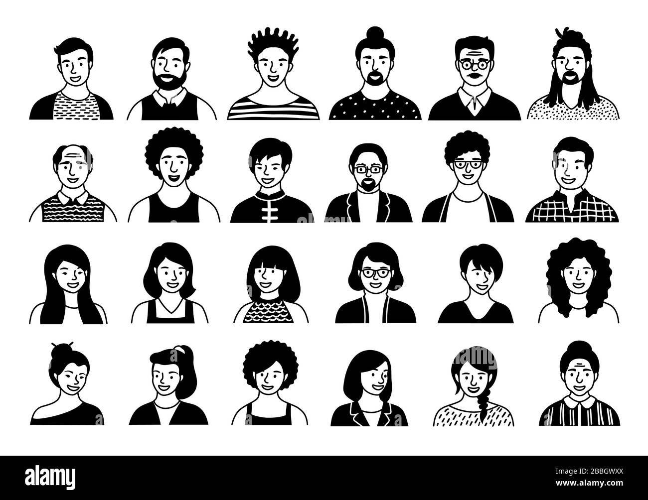 Hand drawn set of persons, avatars, people heads of different ethnicity and age in flat style. Multi nationality people faces social network line Stock Vector
